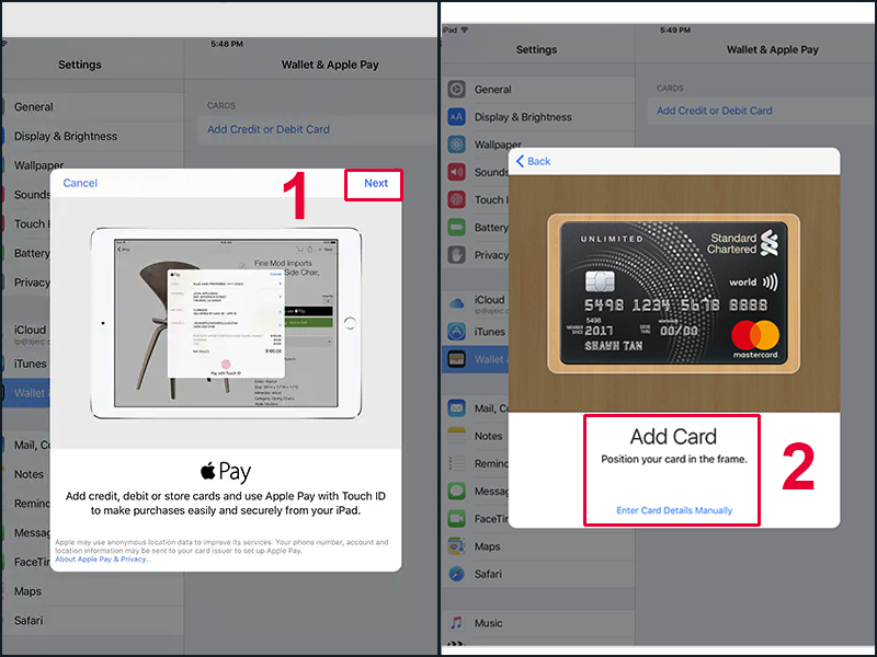 Thêm thẻ để thiết lập Apple Pay trên iPad