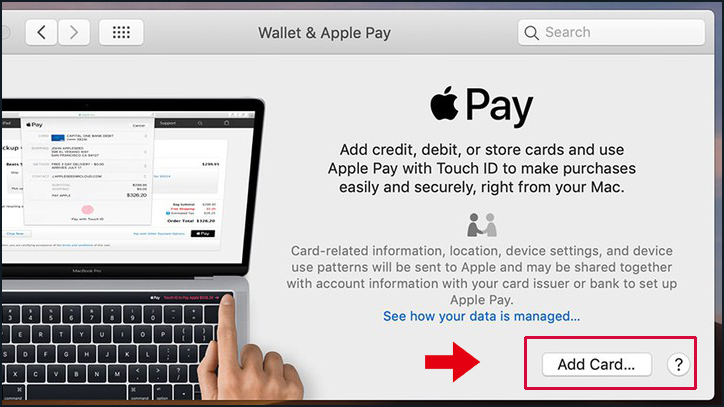 Chọn Add Card để thêm thẻ cho Apple Pay trên Macbook