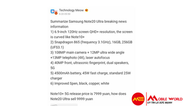 Galaxy Note 20 Ultra rò rỉ thiết kế và thông số kỹ thuật