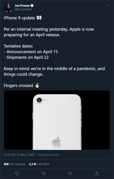 Rò rỉ thông tin Apple sẽ ra mắt iPhone 9 vào ngày 15/04